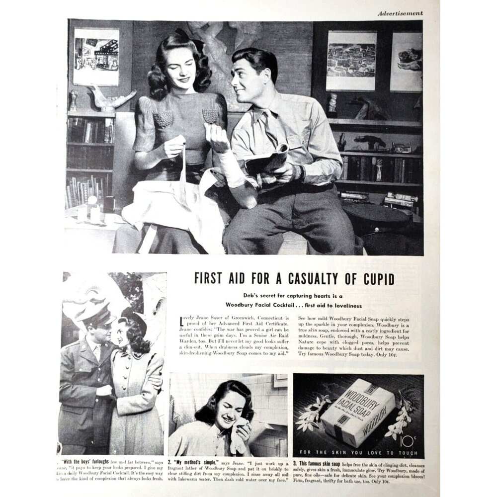 PRINT AD 1943 Woodbury Facial Soap First Aid Casualty of Cupid Soldier